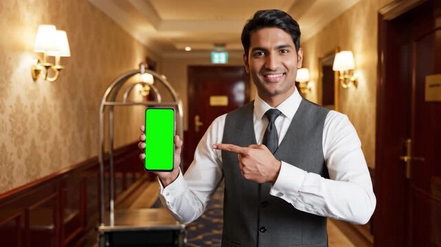 Smiling hotel bellboy showing a smartphone with a green screen in a hotel hallway.
