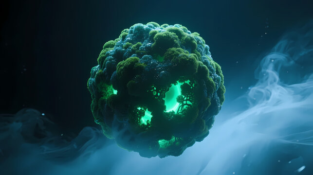 Mysterious glowing green sphere in dark space