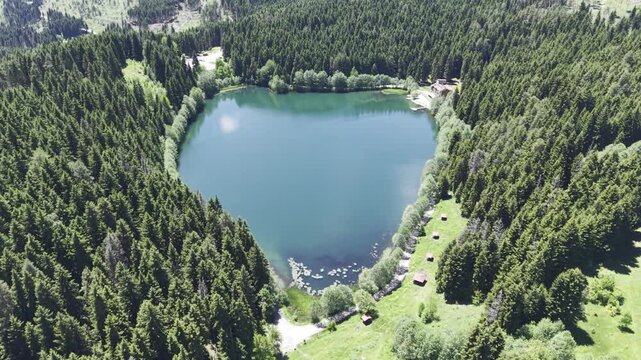 Cinematic Drone View of Karagol Lake in Savsat Artvin Turkey Surrounded by Misty Forest and Black Sea Mountain Landscape