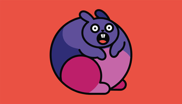 Chubby round purple rabbit looking surprised with wide eyes and open mouth isolated on a vibrant red background.