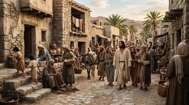 Biblical scene of jesus walking through a busy ancient village street with people, children, and a donkey in the middle east