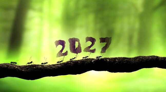 Team of Ants Carrying Green Leaves Cut into 2027 Digits on Tree Branch - 3D Rendering