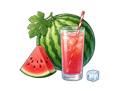 refreshing glass of watermelon juice served with a fresh fruit slice and ice cubes on a transparent background.
