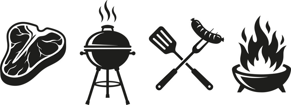 Barbecue BBQ Grill Silhouette Vector Set Featuring Raw T Bone Beef Steak Round Kettle Charcoal Smoker Crossed Spatula Fork with Sausage and Fire Flame Pit Symbols