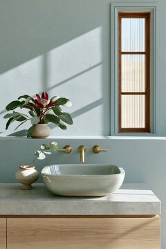 Soft dusty steel blue bathroom vanity featuring a modern sink, elegant faucet, and decorative plant, illuminated by natural light through a window