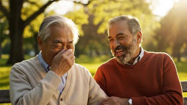 Senior multi-ethnic men smiling and talking in park at sunset