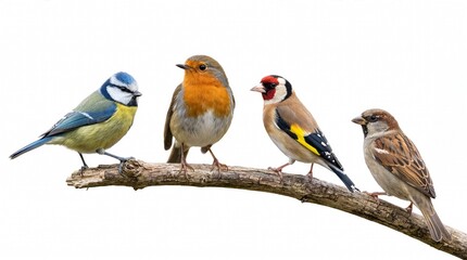 Fototapeta premium Colorful Songbirds Perched on a Tree Branch Isolated on White Background