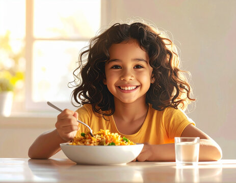 Happy girl eating healthy meal with fork at table