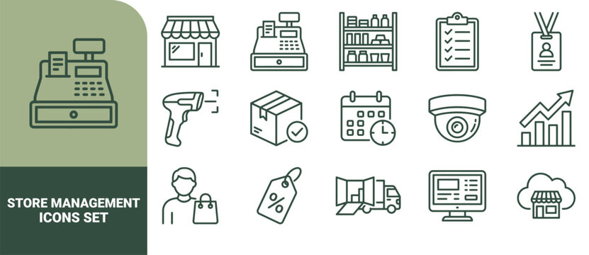 Set of 15 outline store management symbols including cash register, barcode scanner, delivery truck, security camera, and sales chart