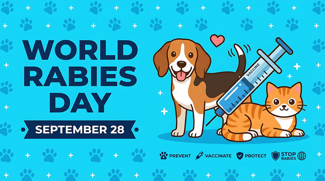 Flat illustration of a dog and cat beside a medical syringe for September 28 World Rabies Day.