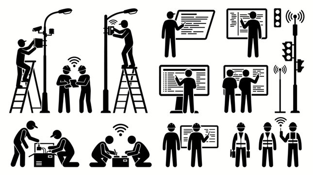 A digital illustration showing a technician performing maintenance on a street light.