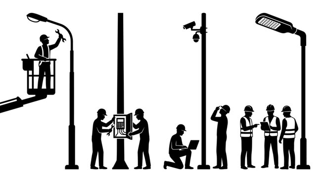 black and white vector illustration depicts technicians installing security surveillance cameras and maintaining electrical poles.