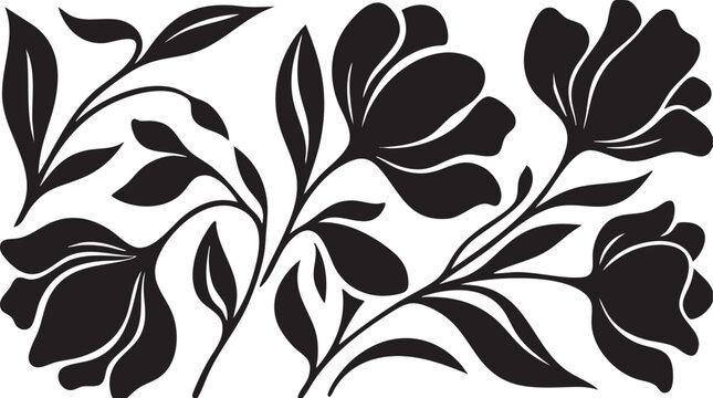 Elegant black and white floral silhouette background featuring tulip and magnolia blossoms with decorative botanical leaves vector illustration