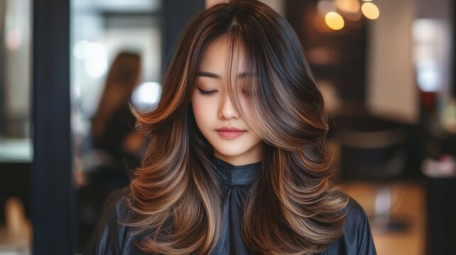 Young woman with stylish voluminous dyed hair poses with closed eyes.