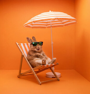 Bunny relaxing in a deckchair under parasol in tangerine room. AI generated