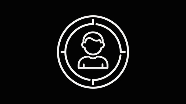 Minimalist avatar icon graphic representing a person or user profile in a sleek white outline style isolated on a solid black background