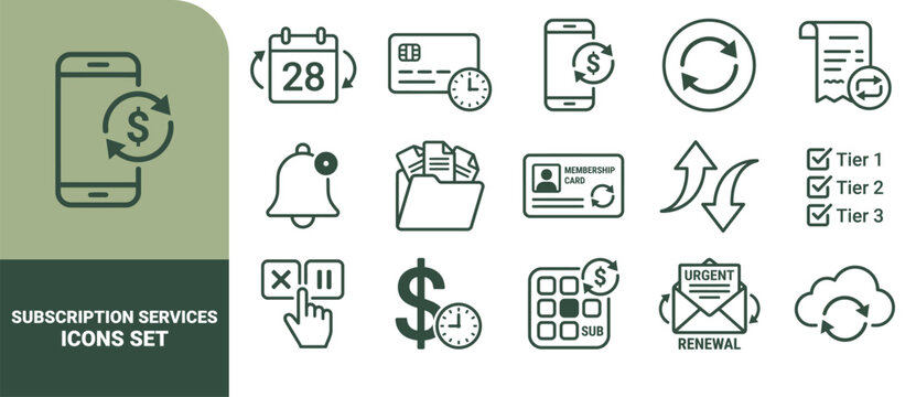 Set of 15 outline subscription services, payment renewal, billing cycle, membership management, and financial transaction symbols
