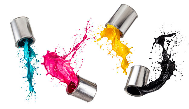 Four  open cans of cyan, magenta, yellow and black printing ink falling and splashing liquid color, isolated on white background. AI generated
