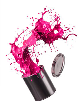 Pink paint splash evolving from falling paint can isolated on white background. AI generated.