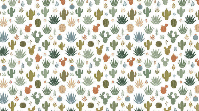 Trendy boho chic seamless pattern with hand-drawn cacti, succulents, and desert plants on a white background