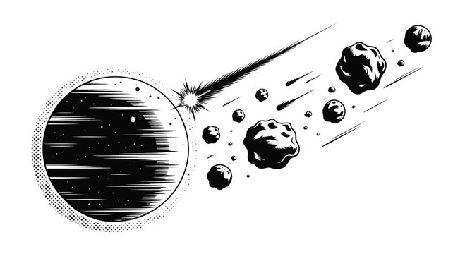 Black and white planet with flying asteroids space illustration