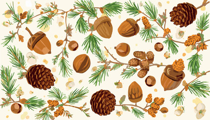 A charmingly illustrated pattern featuring acorns, pinecones, and evergreen branches on a textured cream background. © devi