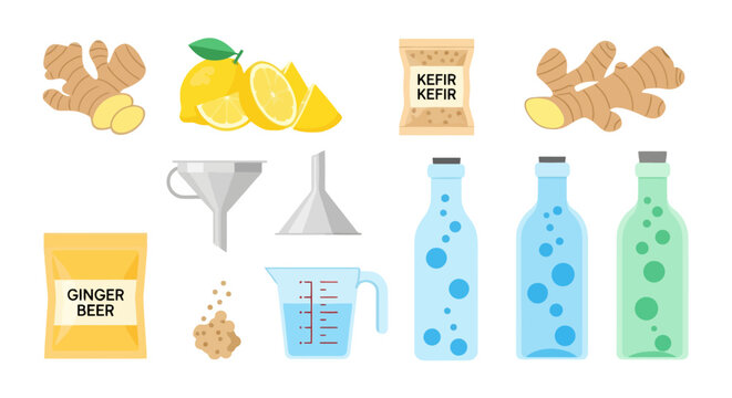 Ingredients and tools for making homemade ginger beer and kefir drinks.