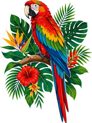 Obraz premium Vibrant Parrot Perched on Branch Surrounded by Tropical Foliage and Flowers in Colorful Illustration