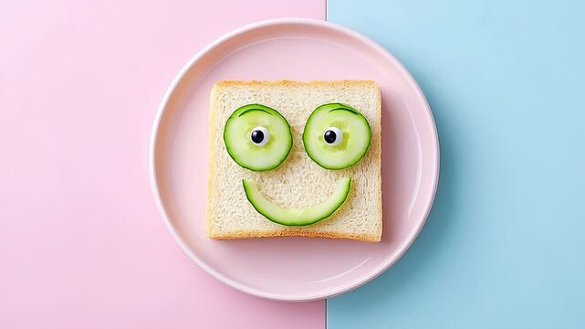 Happy face sandwich on pastel plate: creative food art for a fun breakfast idea