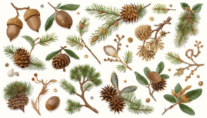 A detailed botanical illustration showcasing a diverse collection of acorns, pinecones, and evergreen branches, rendered with exquisite naturalistic detail. © devi