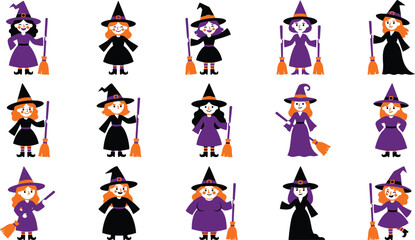 Obraz premium Collection of cartoon witch characters with brooms for halloween vector clipart set, halloween