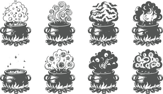 Eight black and white cauldron illustrations with various magical steam effects for halloween or fantasy designs