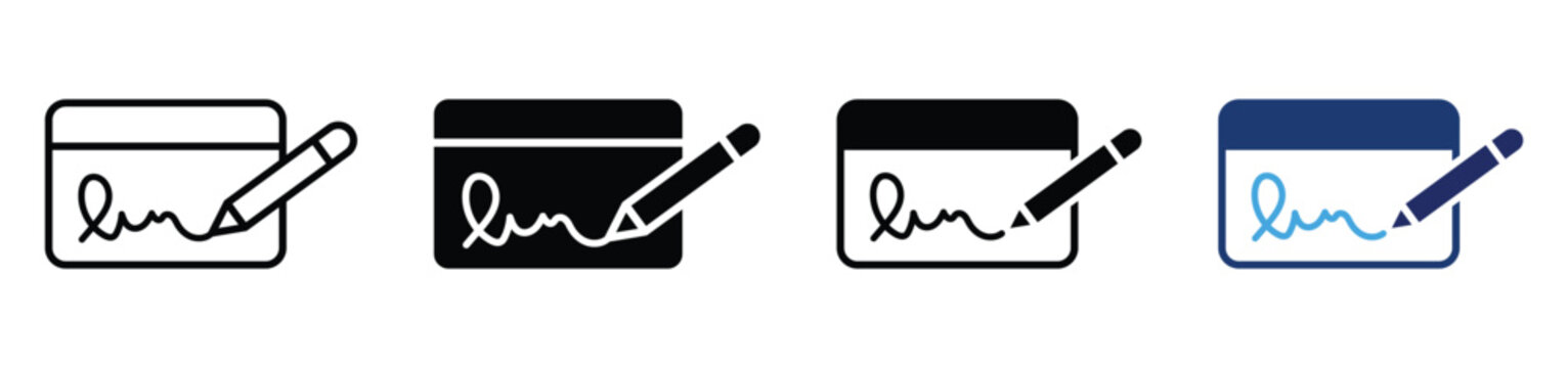 E signature. Electronic signature icon set. Document signing. Approval vector icons. Vector illustration and transparent png