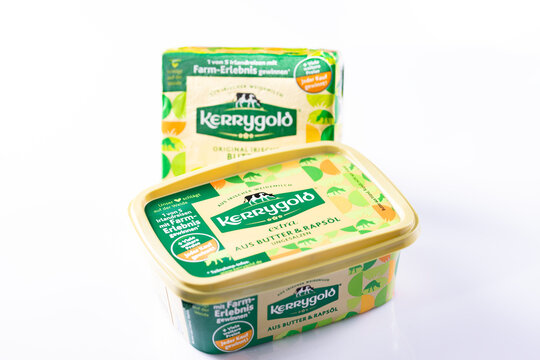 Kerrygold original Irish butter and butter spread displayed together &ndash; editorial food photography