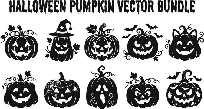 Halloween pumpkin vector bundle silhouettes of jack o' lanterns with witch hats spiders bats and cat ears for seasonal designs