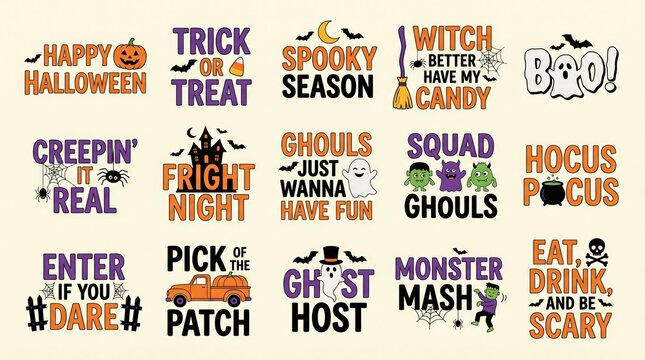 A collection of 15 vibrant Halloween-themed text designs featuring spooky phrases, pumpkins, ghosts, witches, and monsters, perfect for festive decorations and apparel.