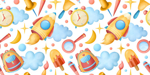 Seamless Hand Drawn School Supplies in Space Pattern. Yellow, Red and Blue Colors. Backpack, Rocket Ship, Moon, Alarm Clock, Stars and Clouds.  © Oksana's ART