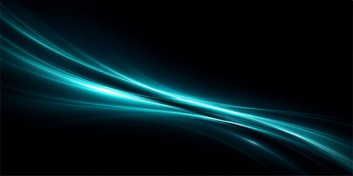 Abstract teal and turquoise wavy light streaks flowing on a dark black background, creating a sense of movement and energy, a mesmerizing digital art.