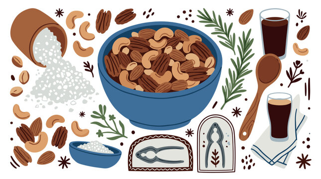Cooking and nuts design icons with bowl, nutcracker and wooden spoon for branding design in flat colorful illustration