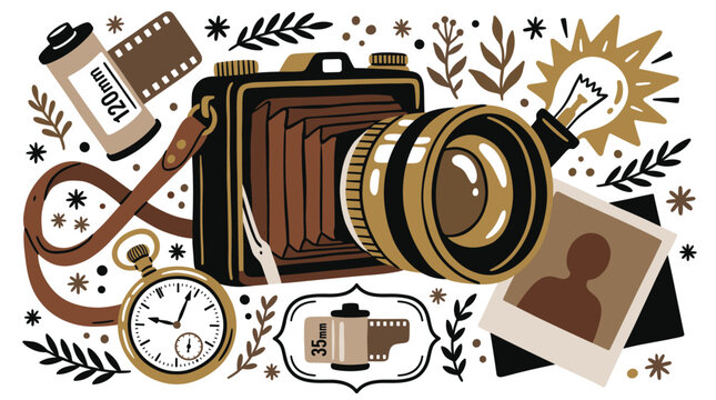 Photography and vintage design icons with old camera, film roll and pocket watch for branding design in retro colorful illustration style