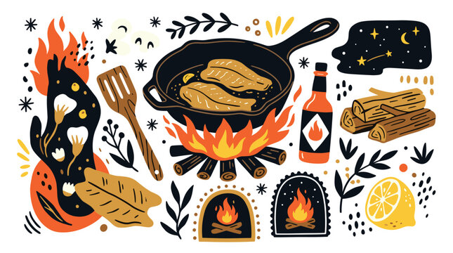 Cooking and fire concept icons with frying pan flames and wood for infographic design in colorful hand drawn style