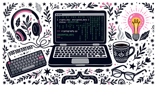 Cybersecurity and programming vector icons with laptop, keyboard and headphones for presentation design in hand drawn style