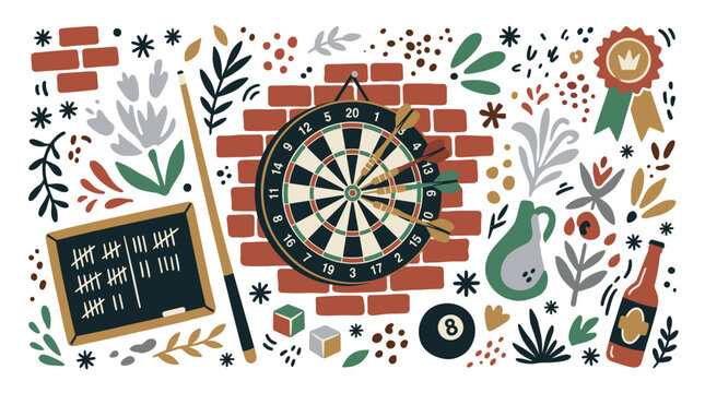 Bar and game vector icons with dartboard, cue stick and beer bottle for infographic design in colorful illustration style