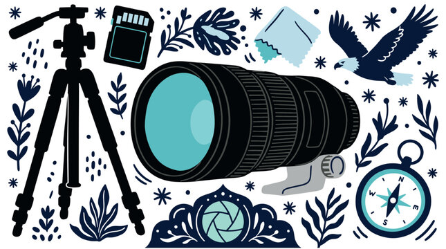 photography and nature concept icons with camera lens, tripod and compass for web design in flat illustration