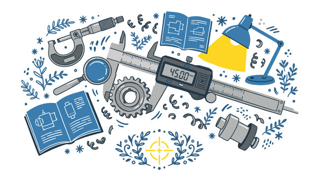 Engineering and precision vector icons with caliper, gear and lamp for technical workshop infographic design outline style