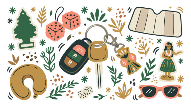 travel and automotive design icons with keychain, sunglasses and dice for branding in hand drawn style