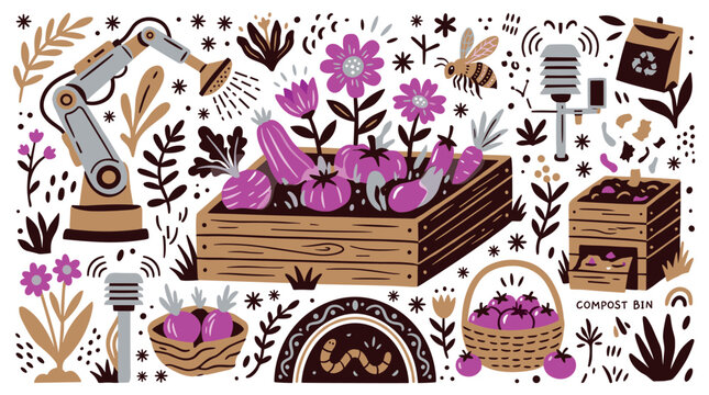 Agriculture and ecology design icons with robot arm, flowers and compost bin for infographic design in colorful illustration
