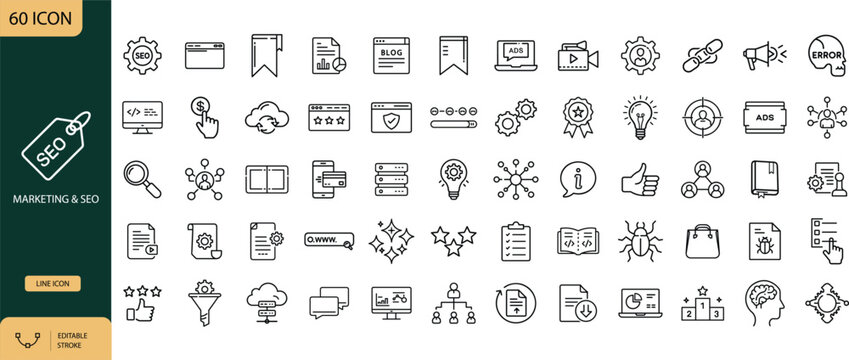 Marketing and SEO Line Icons Set, Search Engine Optimization and Digital Strategy Outline Symbols. Vector Illustration