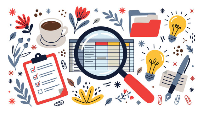 Office and research vector icons with magnifying glass, checklist and coffee cup for presentation design in clean flat style