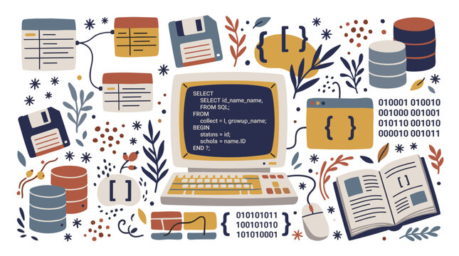 Programming and data management vector icons with vintage computer, floppy disk and database for web design in flat illustration